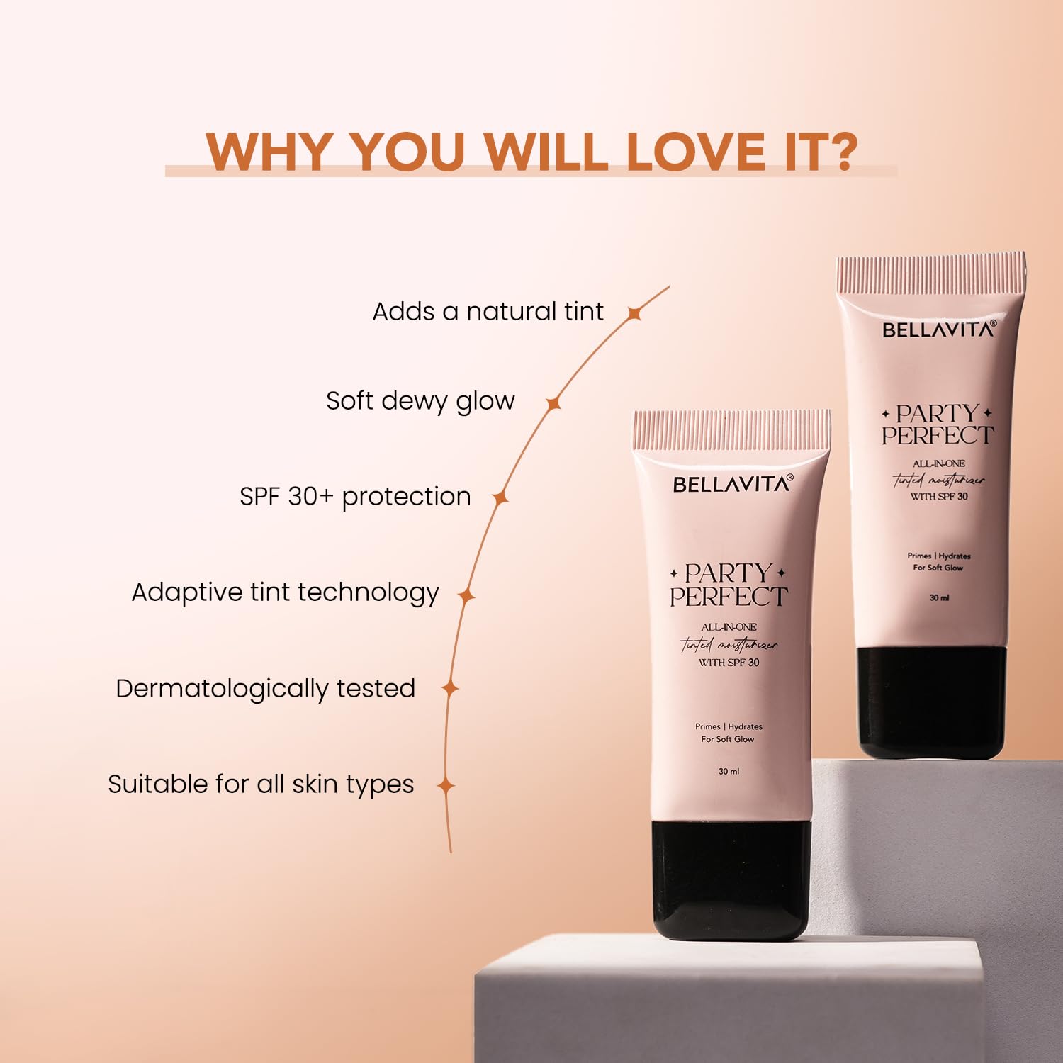 BELLAVITA Party Perfect All-in-one Tinted Moisturizer with SPF 30 | Hydrating Skin Tint, Face Primer & Sunscreen | Lightweight Formula with Adaptive Tint for Natural, Dewy Glow | 30ml (Medium Shade)
