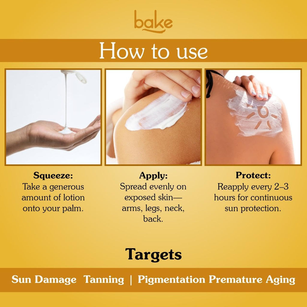 BAKE Everyday Brightening SPF 70 PA++++ Body Sunscreen Lotion | De-Tan Body Lotion | 1% Kojic Acid, Alpha Arbutin | Broad Spectrum UVA & UVB Protection | For Tan Removal, Sun Protection - 200ml