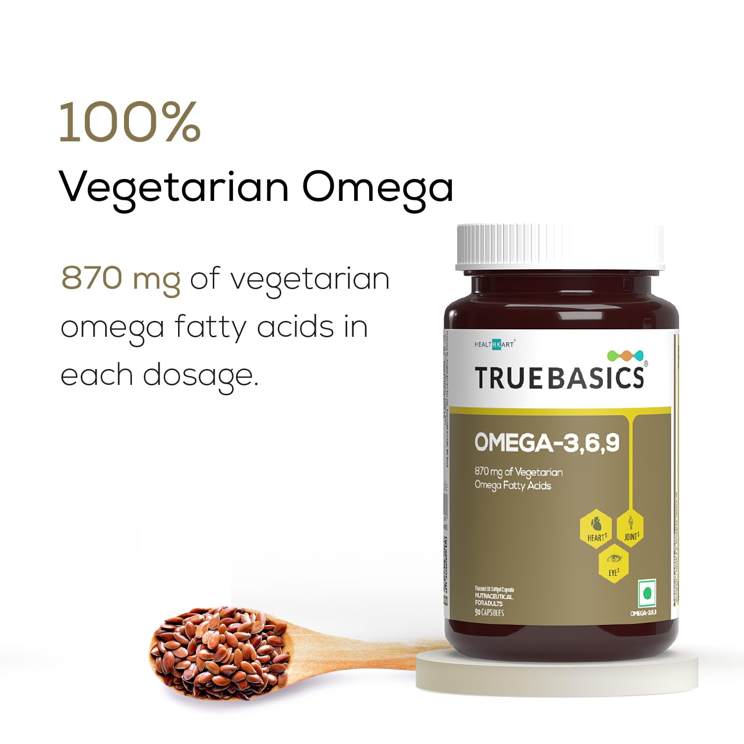 TrueBasics Omega-3,6,9 (90 Capsules) | 870mg of Vegetarian Omega Fatty Acids | With Clinically Researched Ingredient | For Healthy Heart, Hair, Skin, Joints, Brain, & Eyes, 190 grams