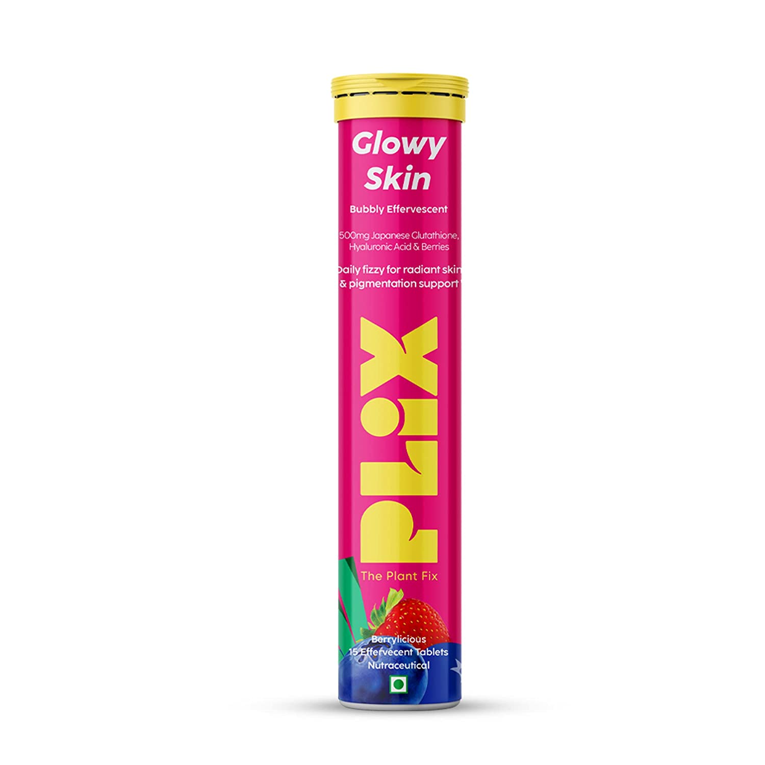 Plix Glowy Skin Effervescent Tablets with Vitamin C & Hyaluronic Acid – 15 Count