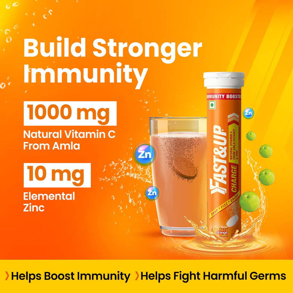 Fast&Up Charge Natural Vitamin C - 60 Effervescent Tablets, Amla Extract + Zinc for Daily Immunity | Helps to boost & Strengthens Collagen for Healthy Skin, Hair & Nails- Orange Flavour
