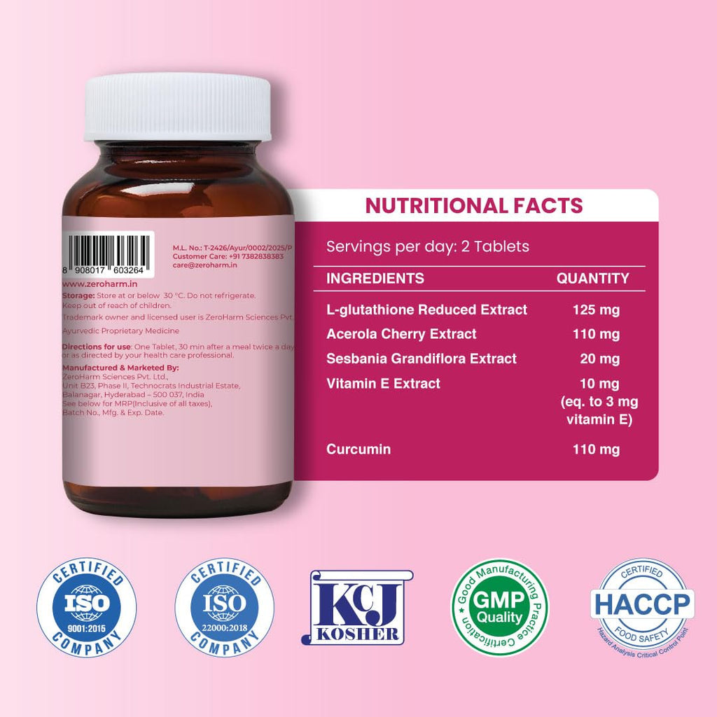 ZEROHARM Skin Radiance Supplement | L-Glutathione, Acerola Cherry Extract (Vitamin C), Biotin & E for Skin Whitening | Skin Glow, Reduce Dark Spots, Brighten & Hydrate Skin | Men & Women | 60 Tablets