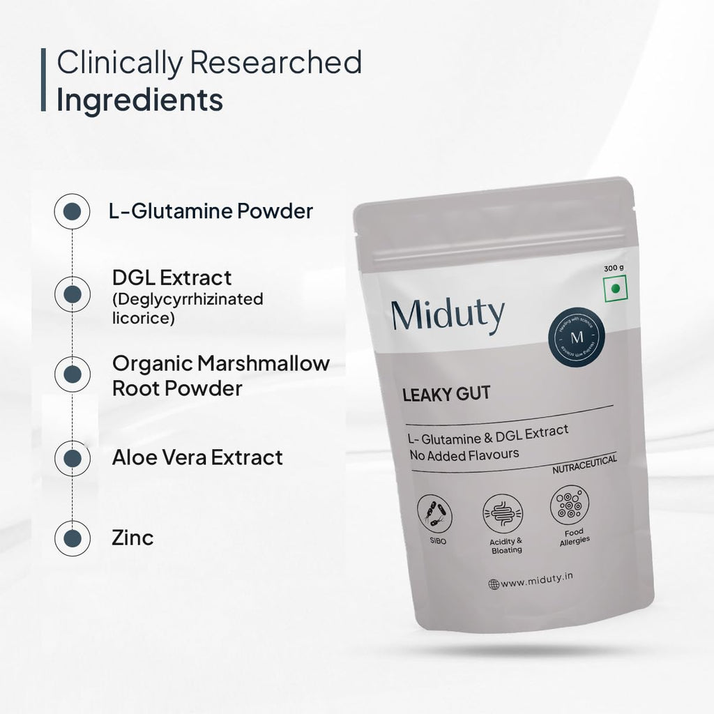 Miduty by Palak Notes Leaky Gut Powder - Supports Gastrointestinal lining, Leaky Gut - Helps In Constipation And Heartburn - Advanced Formula with L Glutamine and Aloe Vera Extract - 300 Grams