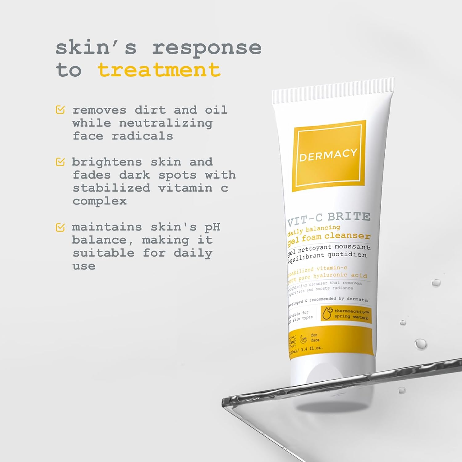 Dermacy Vit - C Brite Daily Balancing Gel Foam Cleanser | Brightening Cleanser That Removes Impurities and Boosts Radiance | 20% Stabilized Vitamin - C Complex + 100% Pure Hyaluronic Acid + ThermoActiv Spring Water | Suitable for All Skin Types | 100 ml