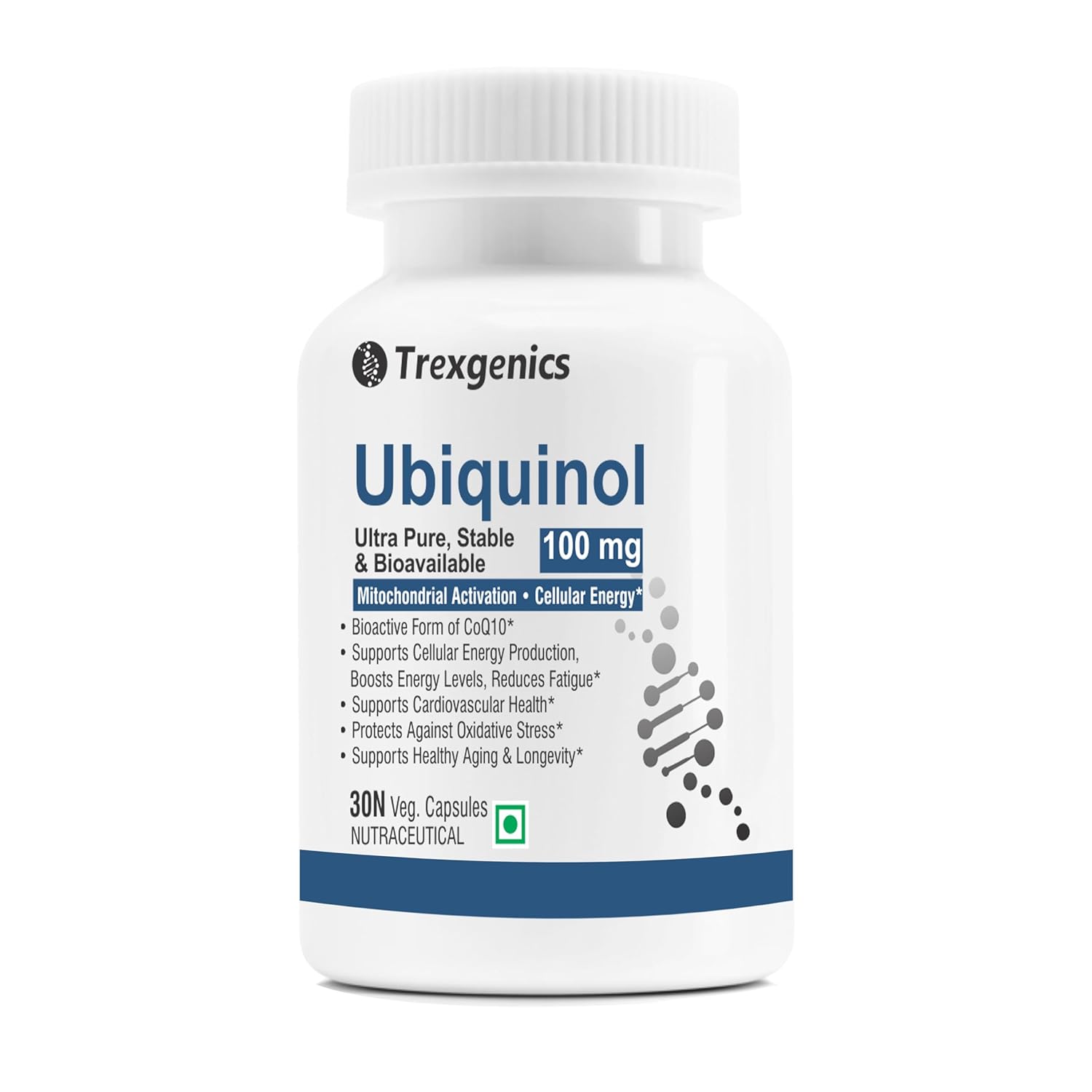 Trexgenics UBIQUINOL 100 mg, Ultra Pure, Stable, Bioavailable, Mitochondrial Function, Cellular Energy, Longevity, Antioxidant (30 Veg Capsules)