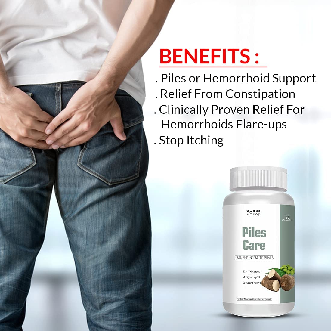 Vokin Biotech Piles Care Fast Relief Bavasir Hemorrhoid Support Piles (90 Capsules) Jimikand, Neem, Triphala