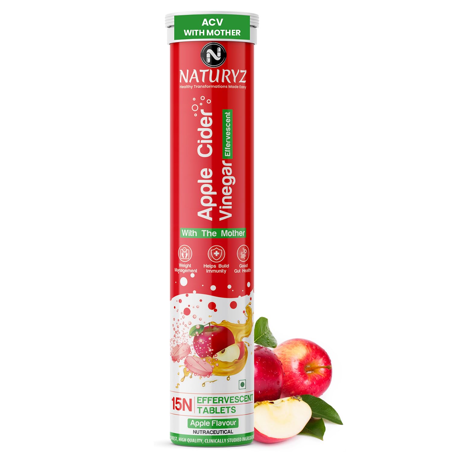 Naturyz Apple Cider Vinegar Effervescent Tablets | Detox | Immunity | Supports Digestion | Gluten-Free | Vegan - 15 tablets (Apple Flavour)