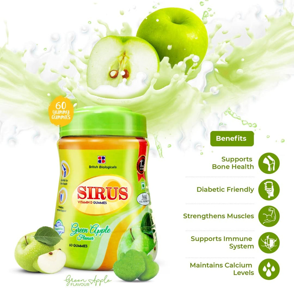 British Biologicals Sirus Vitamin D Gummies|Vitamin D Gummies for Men & Women|Gluten-Free|Supports Bone,Teeth & Muscle Health|Non-GMO|Maintains Calcium Levels|Green Apple Flavour|60 Count