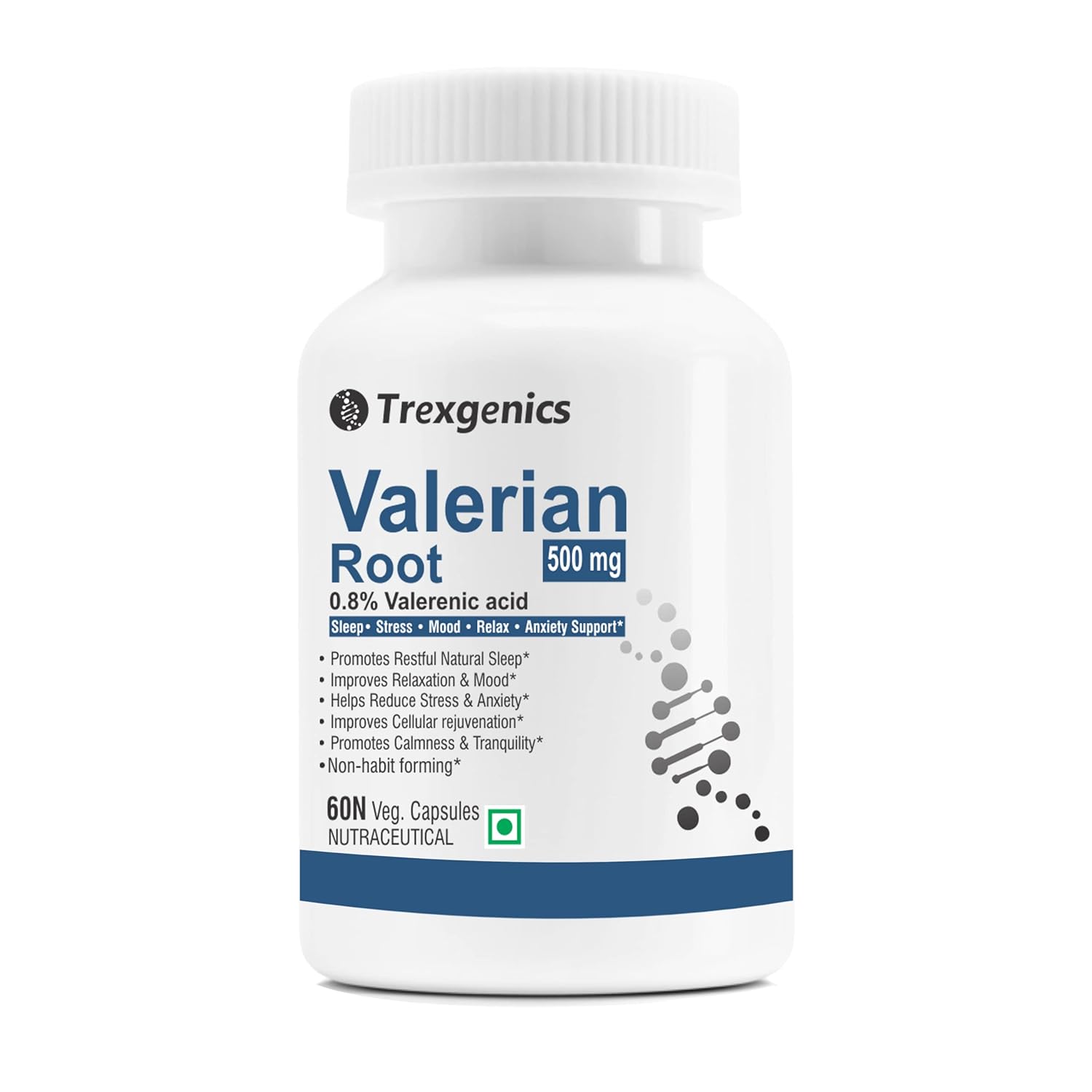 TrexgenicsÂ® VALERIAN Root 500mg Standardized (0.8% Valerenic acid) Sleep, Stress,Mood,Relax, Migraine, Anxiety Support (60 Veg capsules)