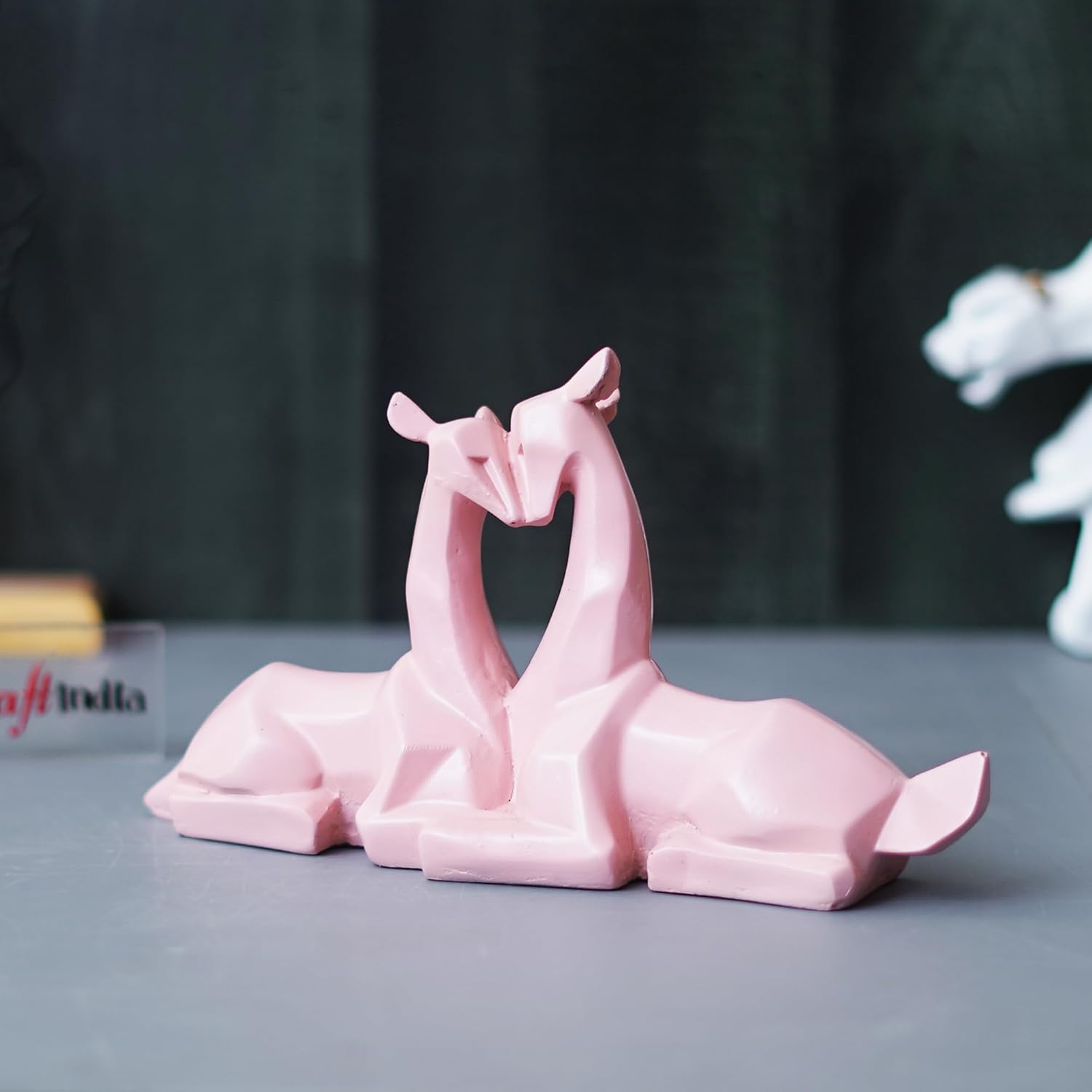 Ecraftindia Set of 2 Pink Polyresin Geometric Hugging Deer Statue Decorative Showpiece