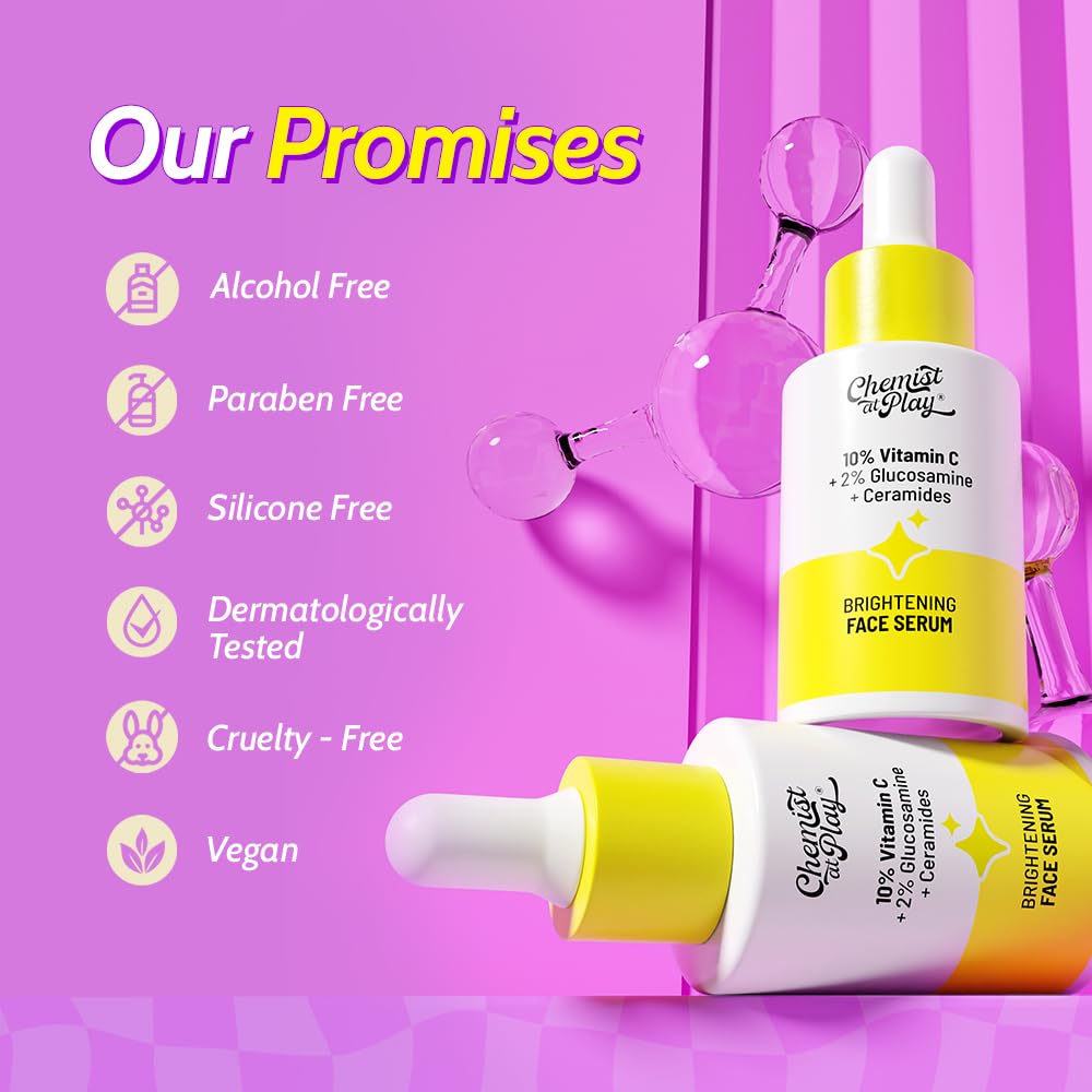 Chemist At Play 10% Vitamin C Serum for Glowing Skin | Pigmentation & Dark Spots | Skin Brightening Face Serum | With Ethyl Ascorbic Acid, Lactic Acid & Glucosamine | For Men & Women | 10 ml