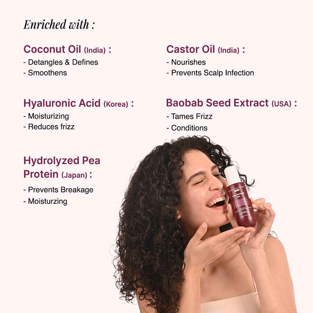 Bare Anatomy Curl Defining Gel | For Well Defined Shiny Curls | Curl Retention & 2X Frizz Protection For 48 Hours | Coconut Oil, Hyaluronic Acid & Castor Oil | Sulphate & Paraben Free | 140 ml