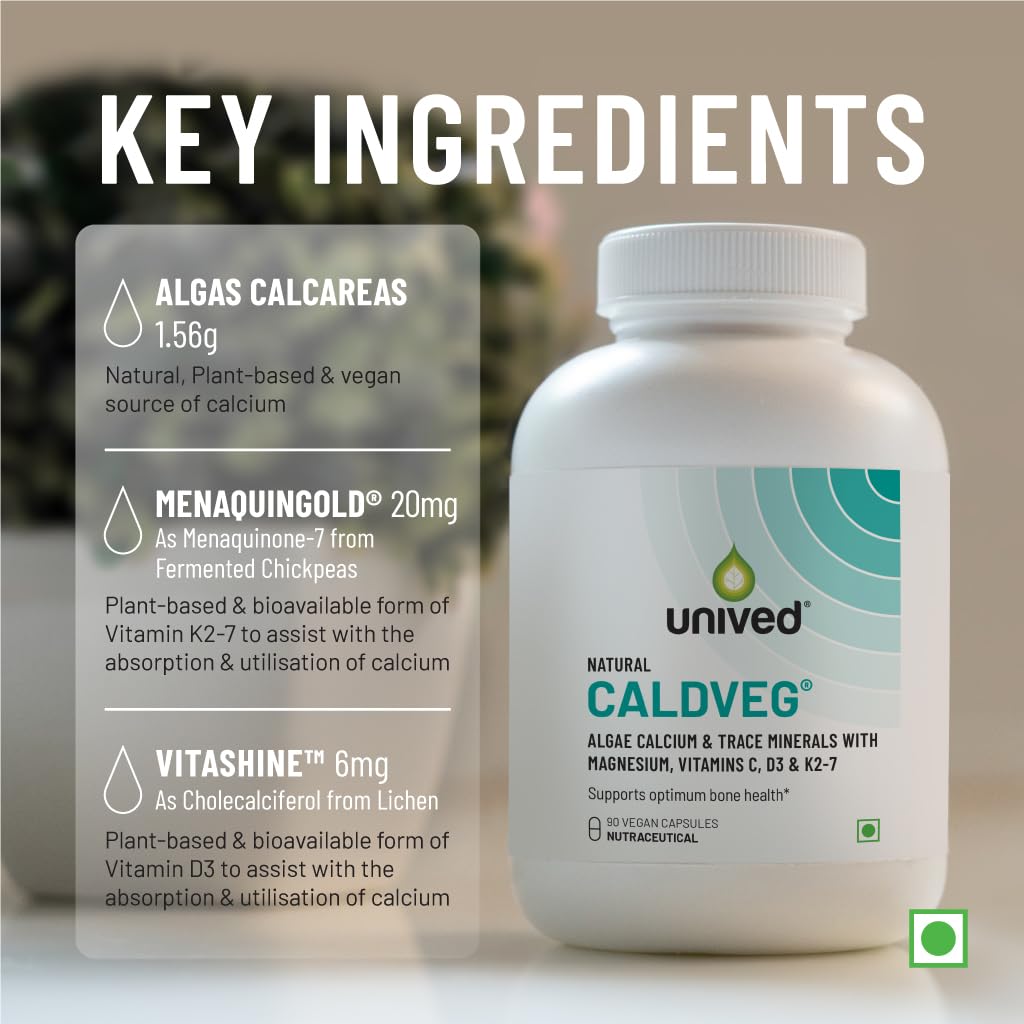 Unived Caldveg | Wholefood Plant-Based Calcium, Magnesium & 73 Trace Minerals, Vit D3 (Lichen), Vit K2-7 (Menaquingold) | Complete Supplement For Bone Health & Healthy Ageing, Capsule