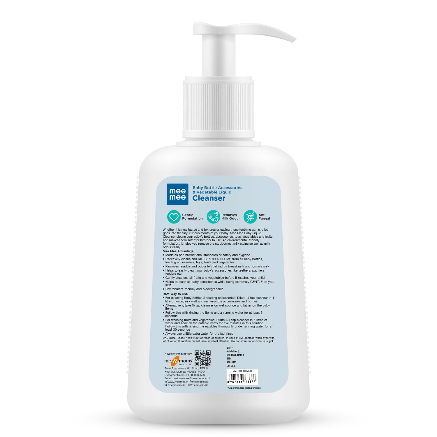 Mee Mee Baby Liquid Cleanser 500 ml, Anti-Bacterial Kills 99.9% Germs | for Bottles, Nipples, Accessories, Toys, Fruits & Vegetables | No Alcohol, Dermatologically Tested