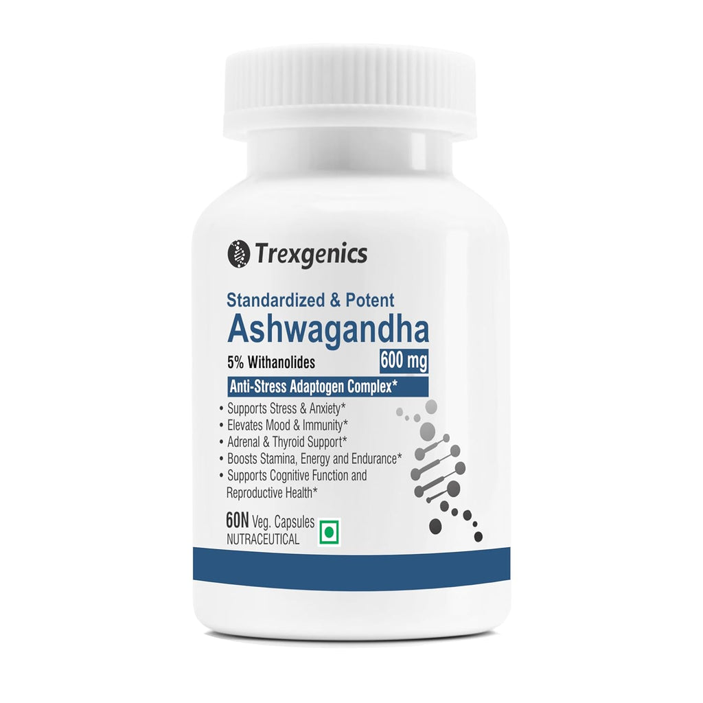 Trexgenics Ashwagandha 600 mg 5% Withanolides Stress, Thyroid, Energy, Sports Performance Support (60 Veg. Capsules) (Pack of 1)