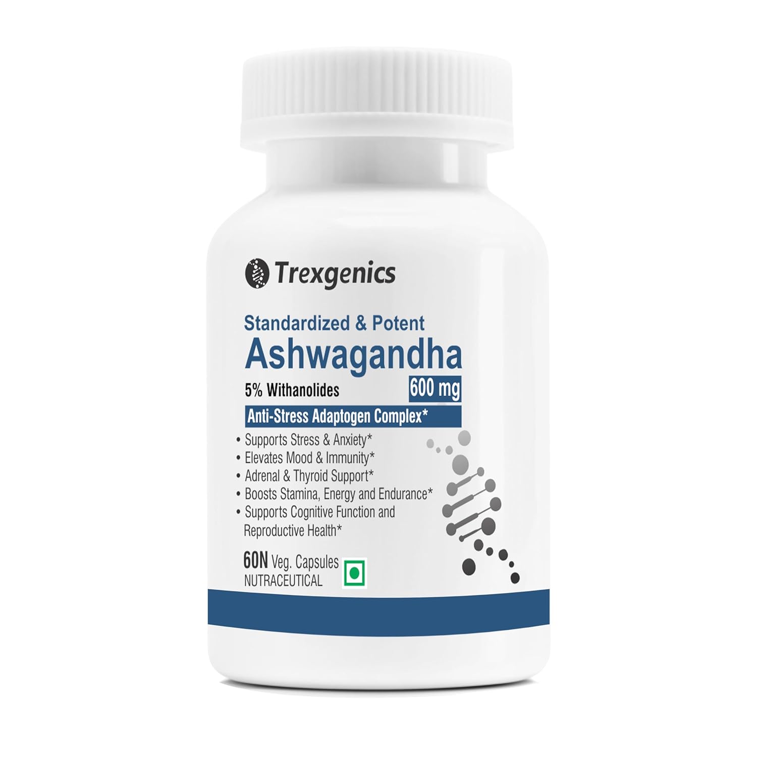 Trexgenics Ashwagandha 600 mg 5% Withanolides Stress, Thyroid, Energy, Sports Performance Support (60 Veg. Capsules) (Pack of 1)
