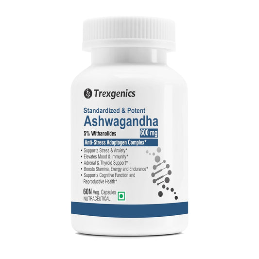 Trexgenics Ashwagandha 600 mg 5% Withanolides Stress, Thyroid, Energy, Sports Performance Support (60 Veg. Capsules) (Pack of 1)