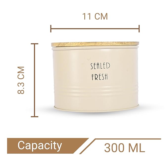 Femora Kitchen Storage Jars Tin Jar With Wooden Lid Air Tight Jar | 300 Ml | Set of 1