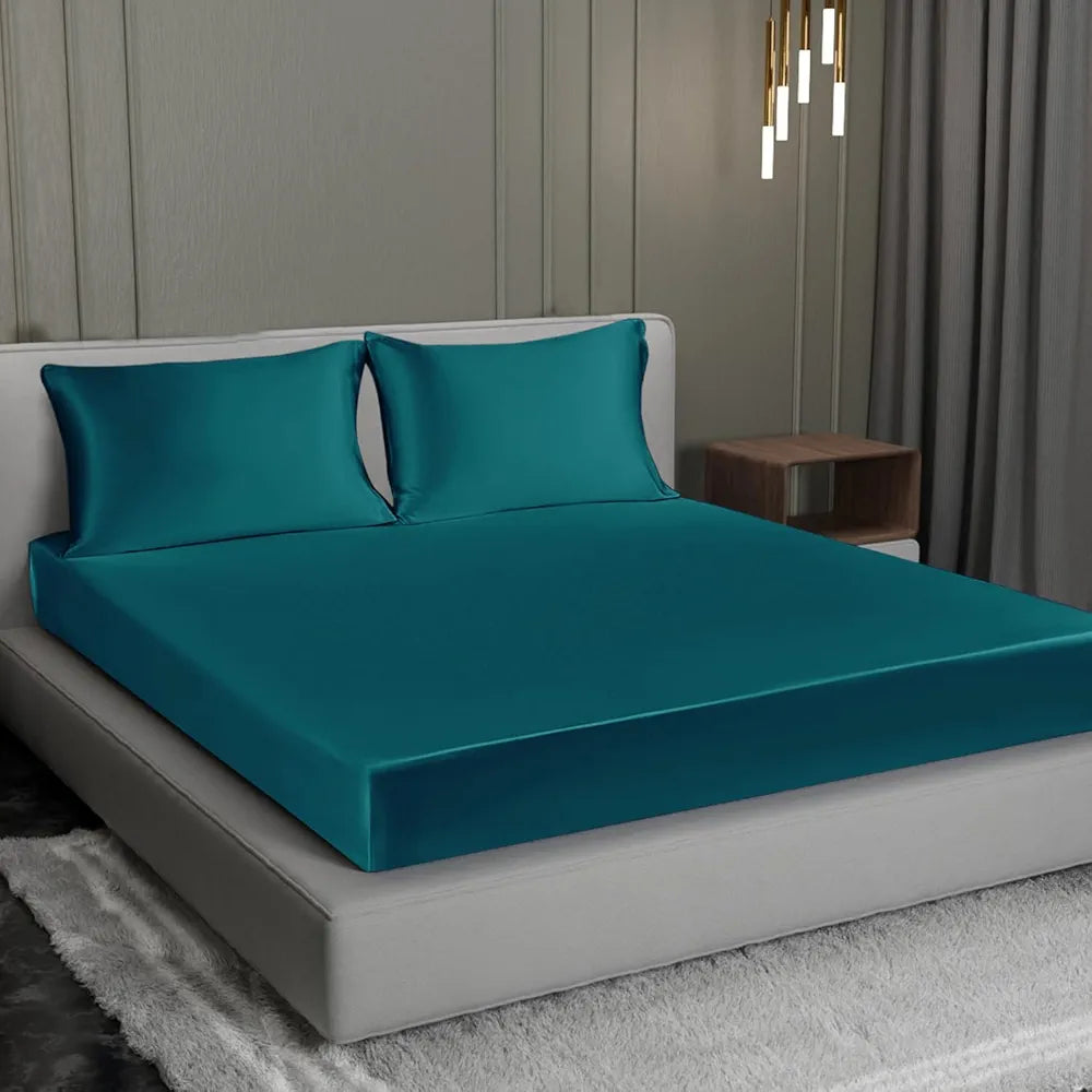 Cloth Fusion Satin Elastic Fitted Bedsheets Double Bed with 2 Pillow Covers Peacock Green