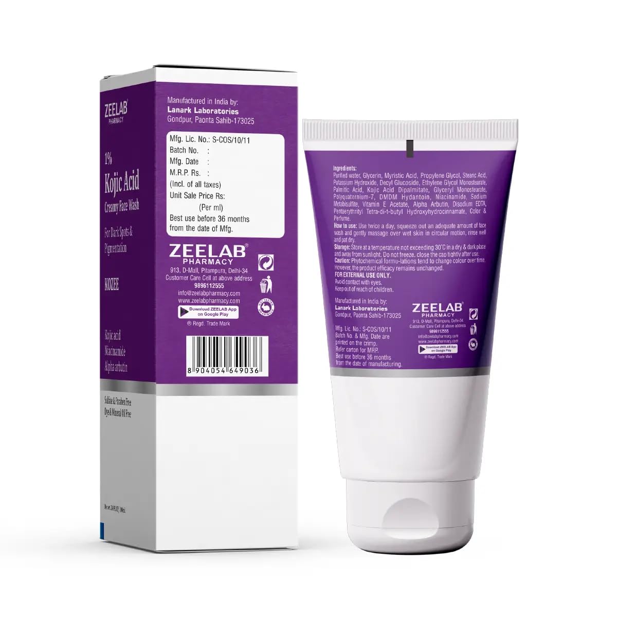 Zeelab Kozee Kojic Acid 1% Face Wash for Dark Spots & Uneven Skin Tone | With Alpha Arbutin, Niacinamide & Vitamin E | Gentle Brightening & Cleansing Face Wash | Suitable for All Skin Types | 100ml