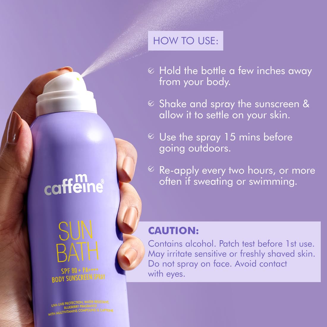 mCaffeine Sun Bath SPF 80+ PA ++++ Body Sunscreen Spray | High UV Protection | Invisible, Non-Greasy, 180 Mins Water/Sweat Resistant Cooling Spray| For All Skin Types | Blueberry Fragrance -100ml