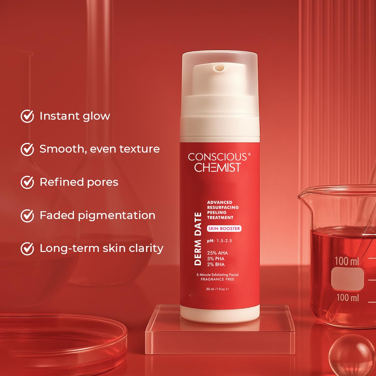 Conscious ChemistÂ® 25% AHA, 2% BHA, 5% PHA Peeling Solution | 30ml | Advanced Resurfacing AHA BHA Peeling Solution, Anti Aging Serum, Exfoliating Face Serum for Men & Women - Derm Date