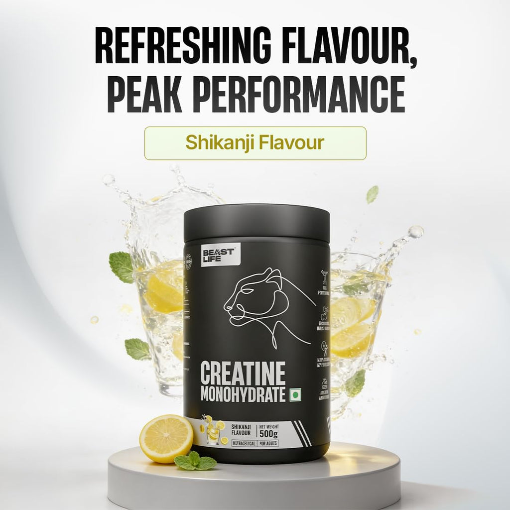 BEASTLIFE Super Micronized Creatine Monohydrate Powder 500g | 135 Servings Shikanji Flavor | NABL Lab Tested | Premium Sports Nutrition for Strength & Performance