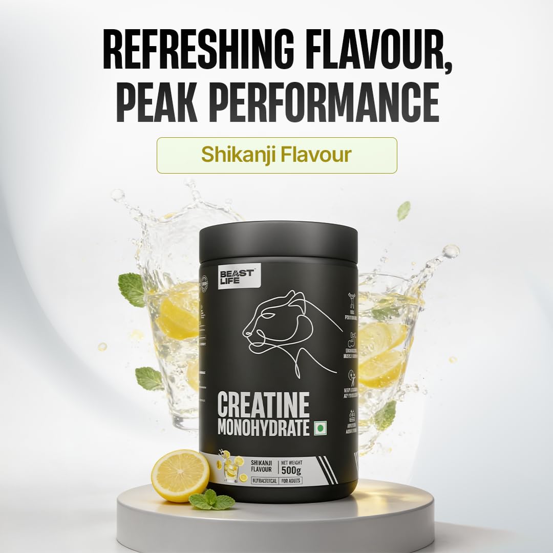 BEASTLIFE Super Micronized Creatine Monohydrate Powder 500g | 135 Servings Shikanji Flavor | NABL Lab Tested | Premium Sports Nutrition for Strength & Performance