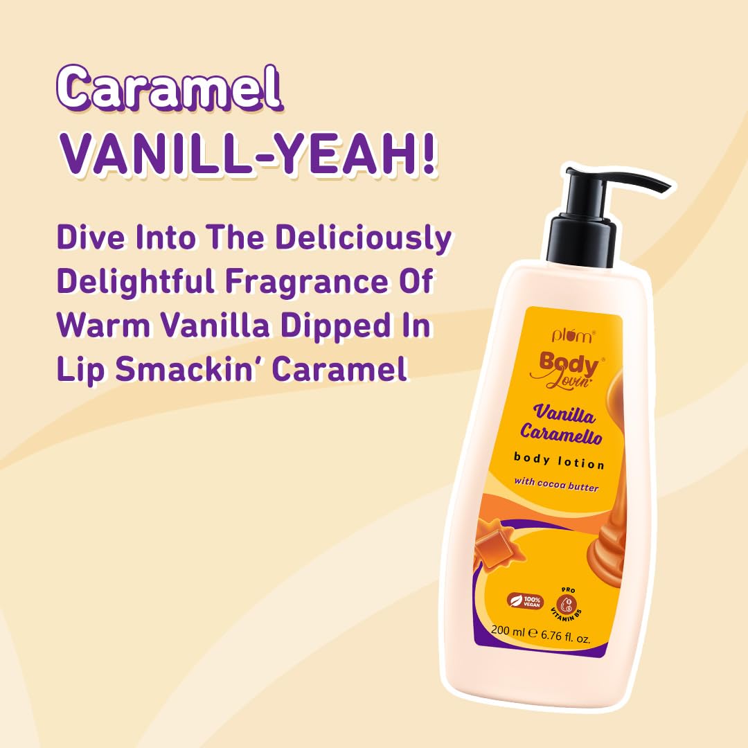 Plum BodyLovin' Vanilla Caramello Body Lotion | Cocoa Butter & Vitamin B5 for Deep Moisturization | Non-Greasy | Soft & Glowing Skin | for Dry to Very Dry Skin | Warm & Cozy Vanilla Fragrance â€“ 200ml | Exclusively Available on Amazon