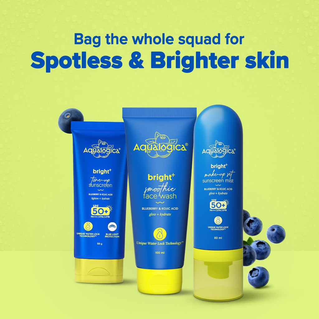 Aqualogica Bright+ Makeup-Set Sunscreen Mist SPF 50+ PA++++ with Blueberry & Kojic Acid | Ultra-Fine Mist for Easy Application over Makeup | Quick Drying | Sets Make-Up | No White Cast | Easy Reapplication | Hydrates & Refreshes | 80 ml