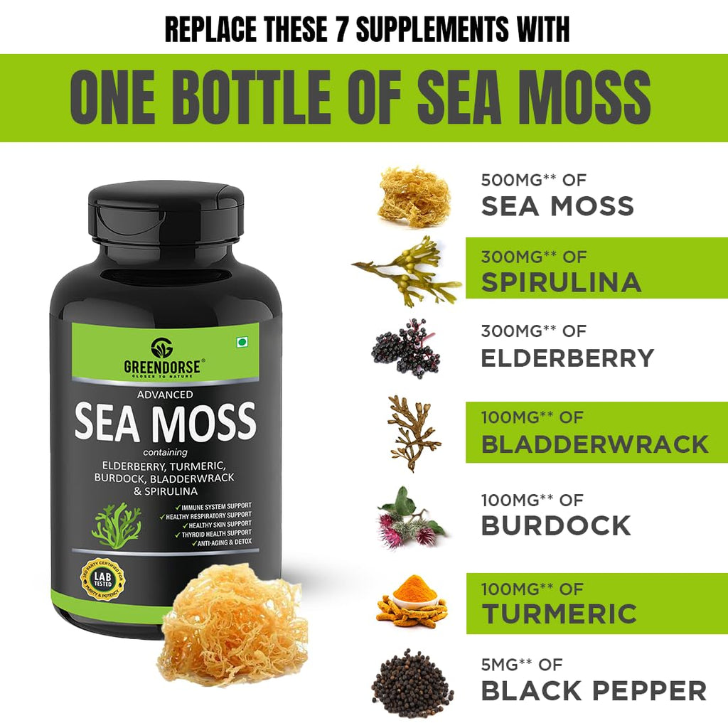 GREENDORSE Irish Sea Moss Vitality Capsules 7 In1 Formula-Gut Cleanse,Immunity,Joint & Thyroid Support-With Spirulina,Turmeric,Bladderwrack,Burdock|Superfood High In 90+ Minerals-60 Veg Capsules