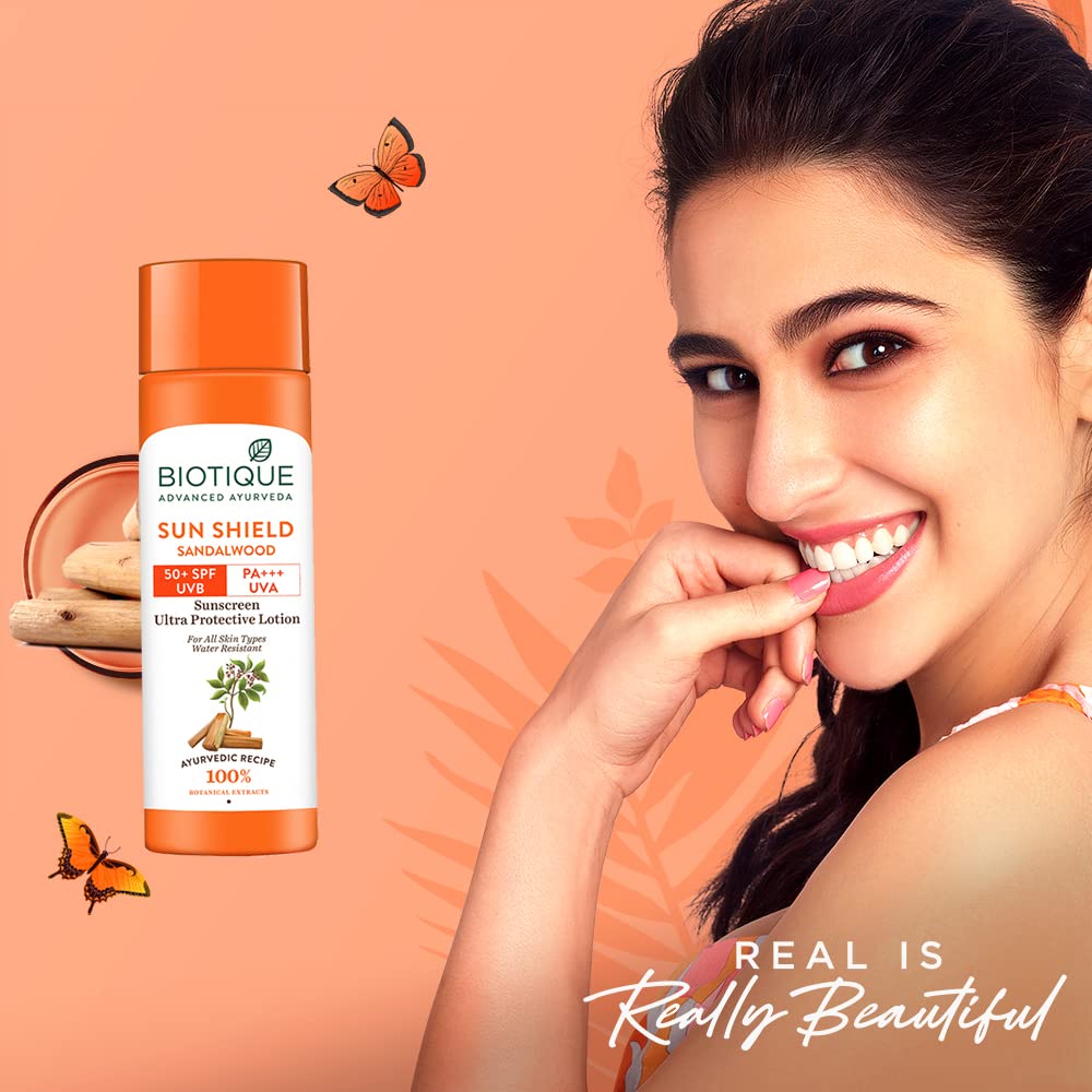 Biotique Bio Sandalwood Sunscreen Face Lotion SPF 50+, Ultra Soothing & Water Resistant, Moisturizing Sun Protection for All Skin Types, 120 ml