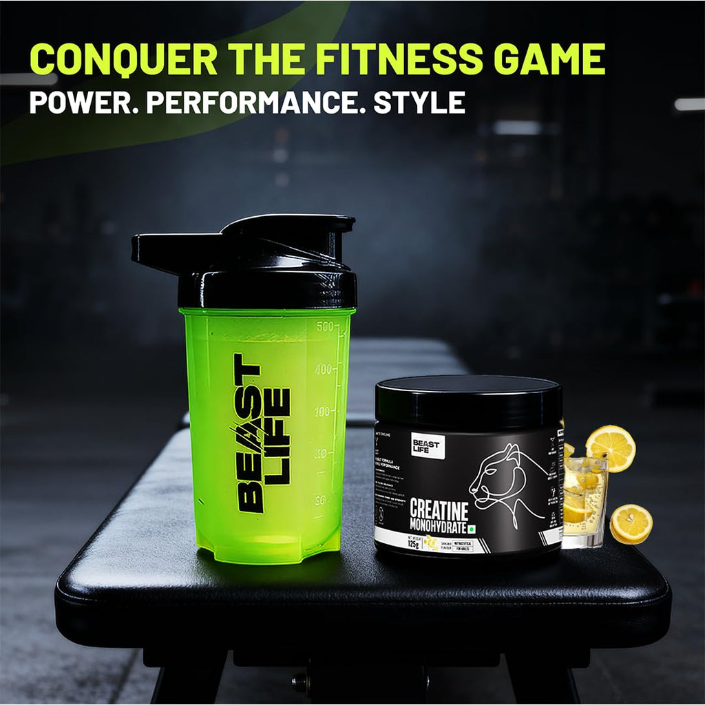 BeastLife Micronised Creatine Monohydrate with Free Shaker | 125g | 33 Servings | Shikanji | NABL Lab Tested | Rapid Absorption for Muscle Strength & Athletic Performance | Super Micronised Creatine Powder