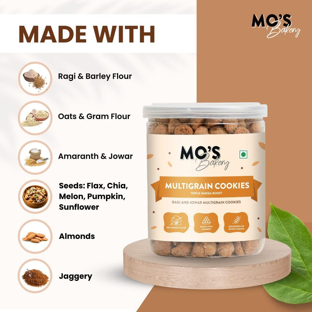 Mo’s Triple Omega Multigrain Cookies | Mini Healthy Cookies for Kids & Adults | Tea Time Snack | Omega-Rich Seeds & Whole Grains with Ragi, Oats, Barley, Amaranth & Almond | Flax, Chia, Melon, Sunflower & Pumpkin Seeds | No Refined Sugar