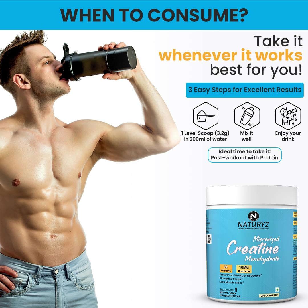 NATURYZ Pure Micronized Creatine Monohydrate | Rapid Absorption | Quercetin | Muscle Strength & Power for Intense Workout | Supports Athletic Performance | Enhances Lean Muscle Volume - 100g(Unflavoured)