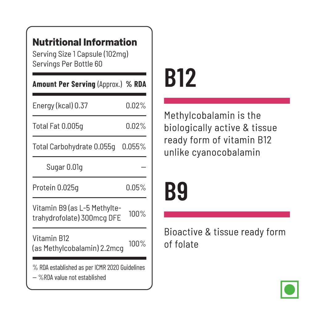 Unived Basics B12+Folate | Vitamin B12 (Methylcobalamin) with 5-MTHF BioAvailable Folate | Essential for Vegan & Vegetarians | 60 Vegan Capsules