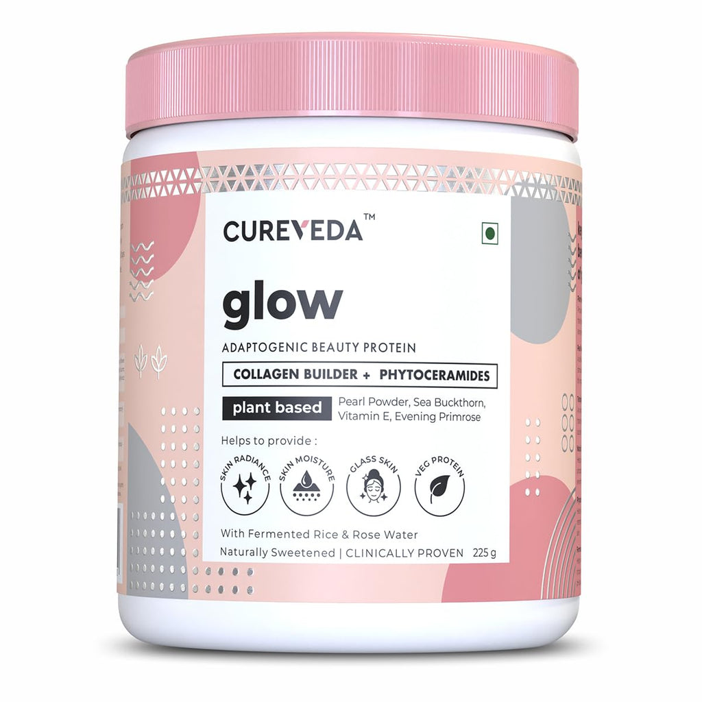 Cureveda Collagen Builder Glow Powder for Brighter & Youthful Skin, Plant-Based Supplement with Rose Water, Veg Beauty Protein, Evening Primrose 100IU, No Added Sugar, 225gm