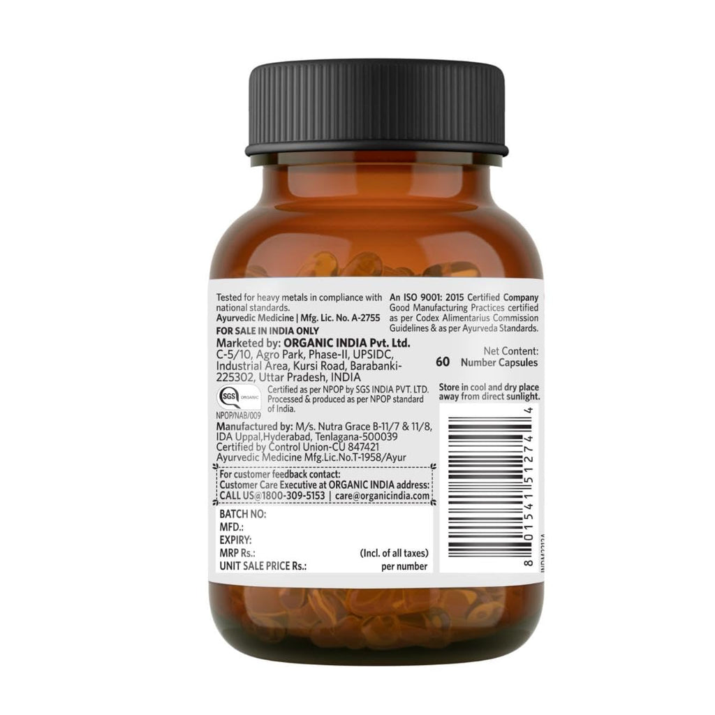 A TATA Product - Organic India Flaxseed Oil - 60 Veg Capsules, Natural Omega-3, Helps Reduce Cholesterol, Supports Healthy Skin, Hair & Nails, Joint Flexibility, GMP & NPOP Certified Organic