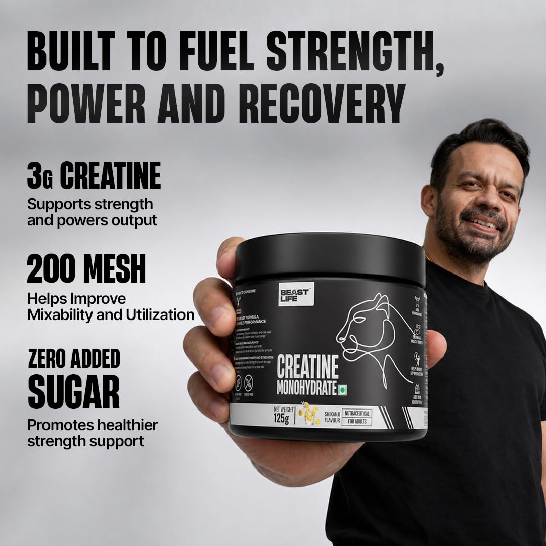 BeastLife Micronised Creatine Monohydrate Powder Shikanji Flavour 125g | 33 Servings | NABL Lab Tested | Rapid Absorption for Muscle Strength & Athletic Performance