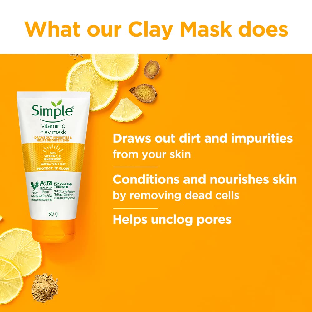 Simple Protect N Glow Vitamin C Brighten Clay Mask| With Yuzu Lemon| For all Skin Types| No Colour|| Perfume| No Harsh Chemicals & Parabens| Tested on Sensitive Skin|| 150 ml
