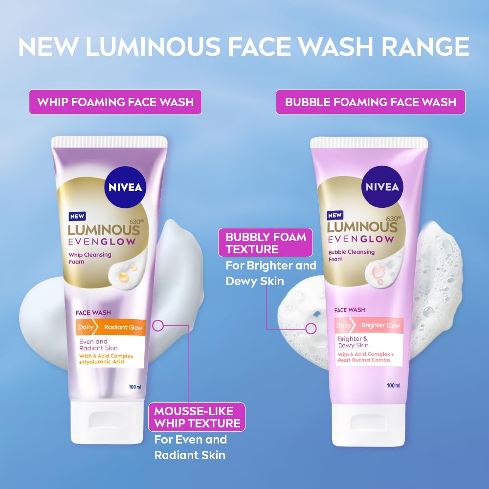 NIVEA Luminous Even Glow Bubble Cleansing Foam Face Wash | For Glowing Skin, Skin Brightening & Refined Pores | Pearl Rucinol + 6 Acid Complex | Makeup Remover | Daily Face Cleanser | 100ml