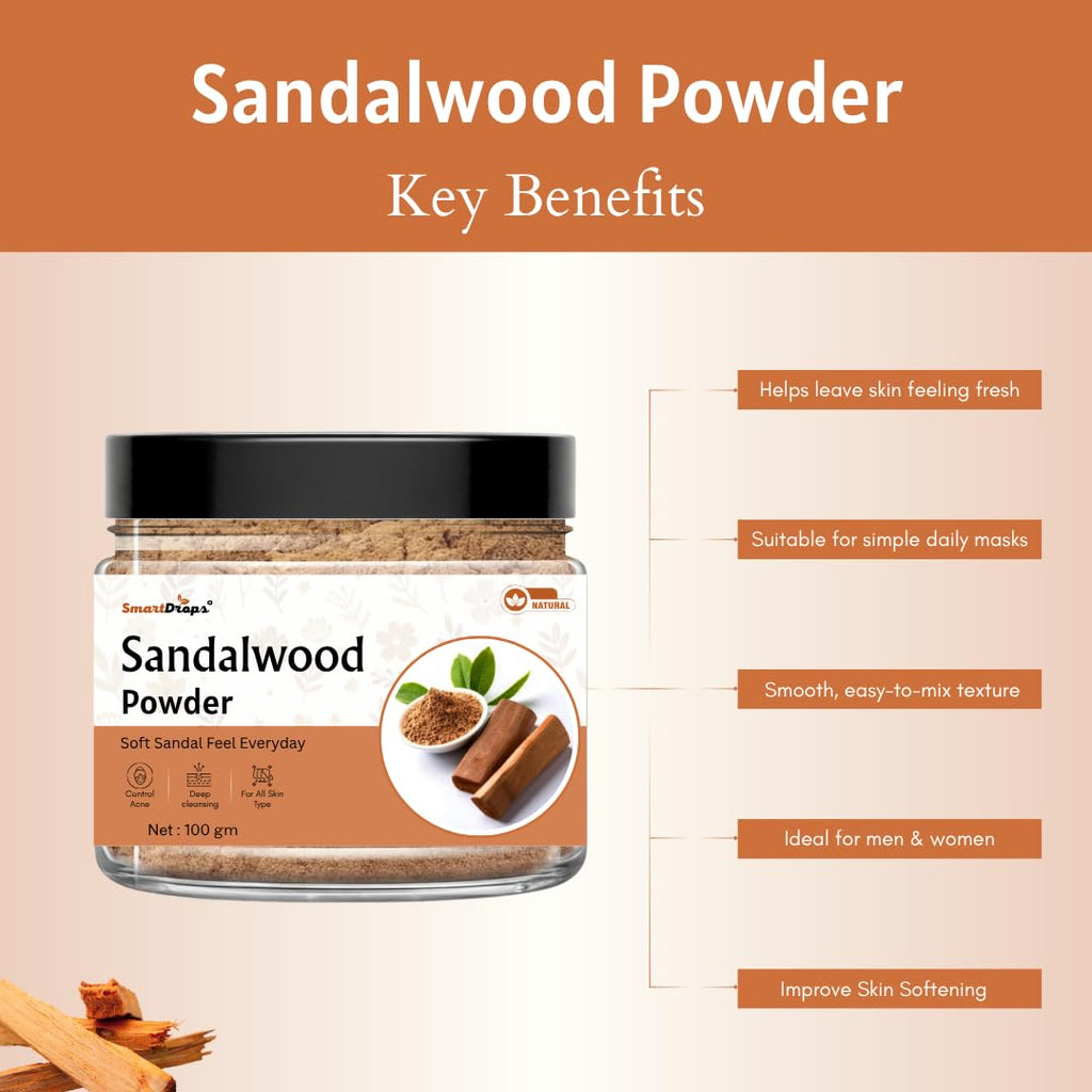 Smartdrops Sandalwood Powder for Face Pack | Sandal wood Powder | sandal Wooden powder | Chandan Powder For Tan Removal | Red sandalwood powder for Face | Sandalwood Powder for Puja - 100g (Pack 1)