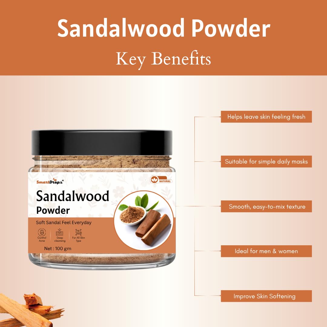 Smartdrops Sandalwood Powder for Face Pack | Sandal wood Powder | sandal Wooden powder | Chandan Powder For Tan Removal | Red sandalwood powder for Face | Sandalwood Powder for Puja - 100g (Pack 1)