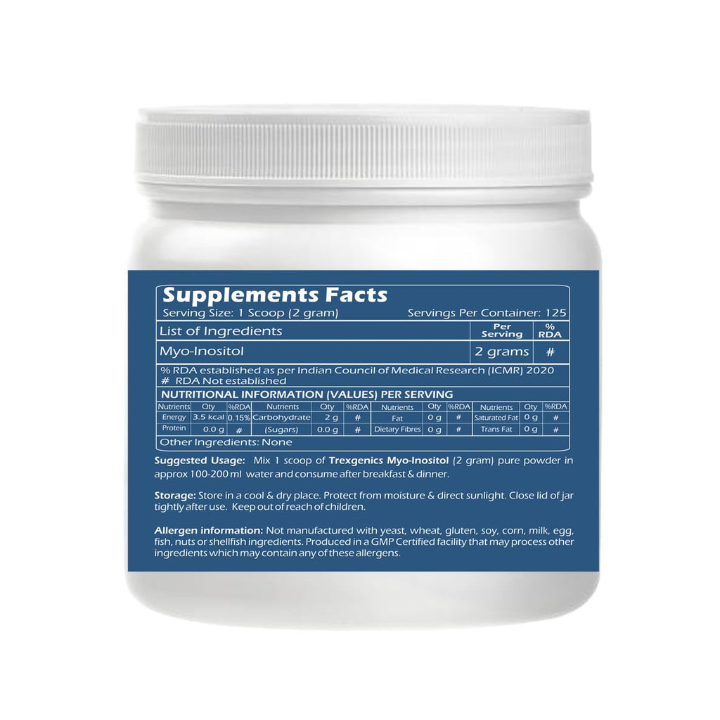 Trexgenics MYO-INOSITOL PURE POWDER, PCOS, Ovarian Function, Insulin Resistance, Hormonal Balance, Menstrual Cycle, Metabolism 125 servings (250 gram) (Pack of 1)