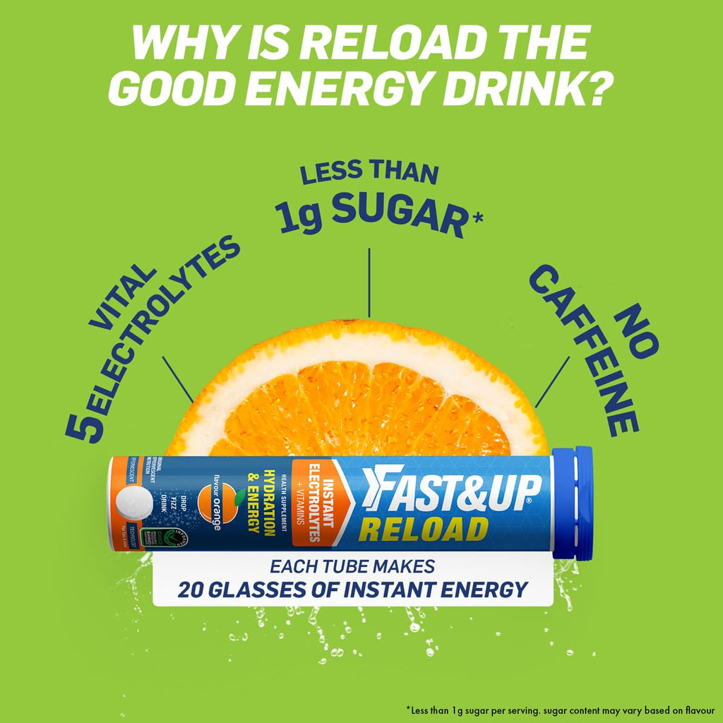 Fast&Up Reload (5 Litres) Low Sugar energy drink for Instant Hydration - 20 Effervescent Tablets with all 5 Essential Electrolytes + Added Vitamins - Certified Electrolytes Drink - Orange flavour