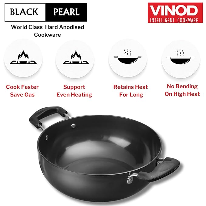 Vinod Black Pearl Hard Anodised Non Stick Deep Kadhai - 2.1 LTR, 20 cm | 3.25mm Thickness | kadai for Cooking