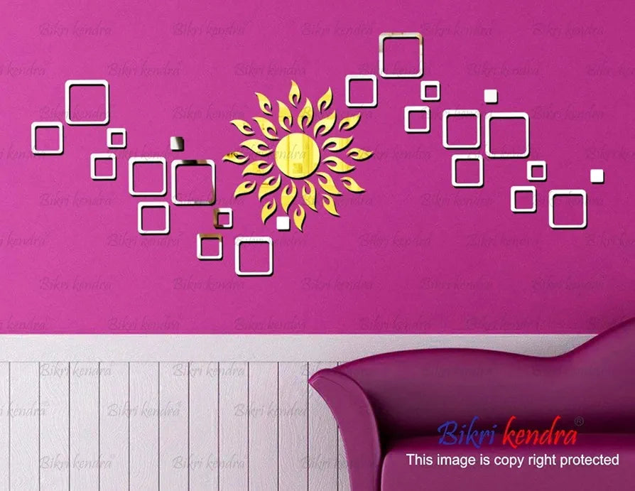 Bikri Kendra Sun Golden with 24 Square 3D Mirror Acrylic Wall Stickers
