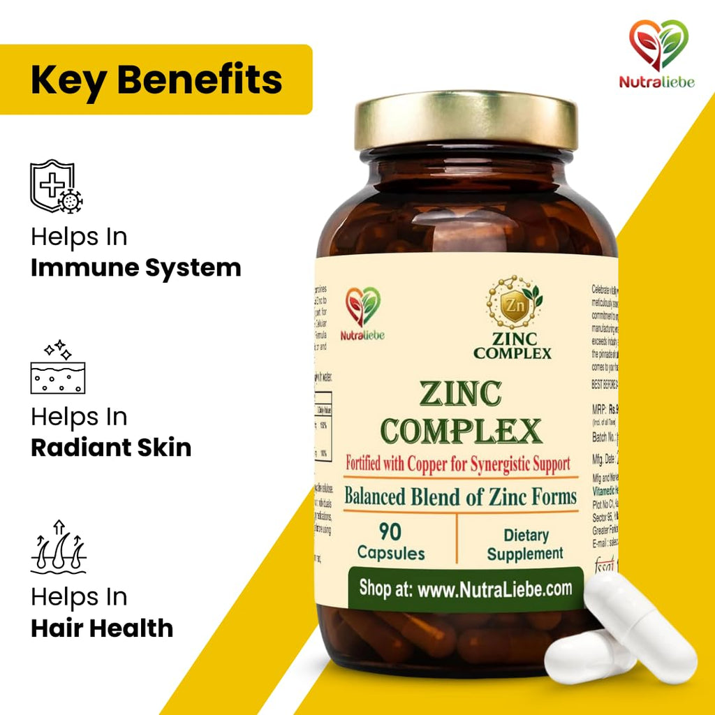Nutraliebe Zinc Complex with Copper – High Absorption Zinc Gluconate, Methionine & Picolinate – Balanced Mineral Support for Immune Health, Skin, Hair & Cellular Function – 90 Vegetarian Capsules