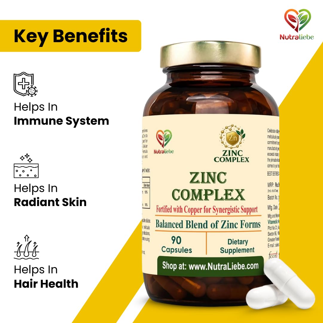 Nutraliebe Zinc Complex with Copper – High Absorption Zinc Gluconate, Methionine & Picolinate – Balanced Mineral Support for Immune Health, Skin, Hair & Cellular Function – 90 Vegetarian Capsules