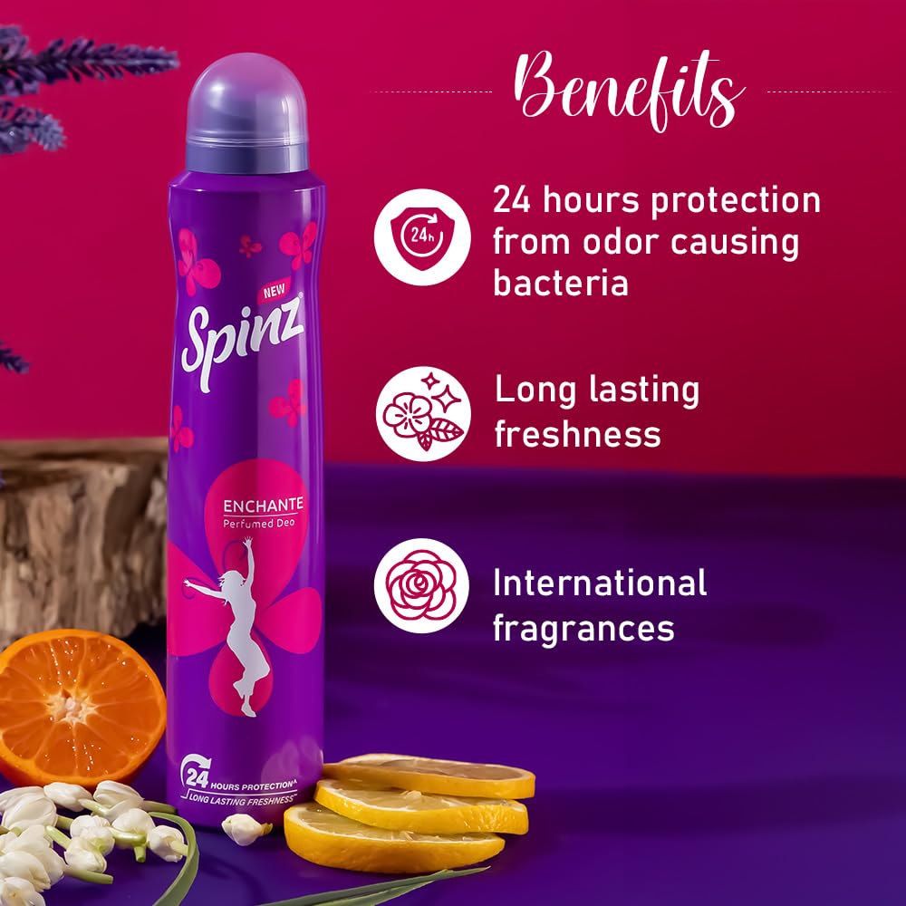 Spinz Enchante Perfumed Deo for Women | International Floral Fragrance | Long-Lasting Freshness & 24H Odour Protection Body Spray | 200ml